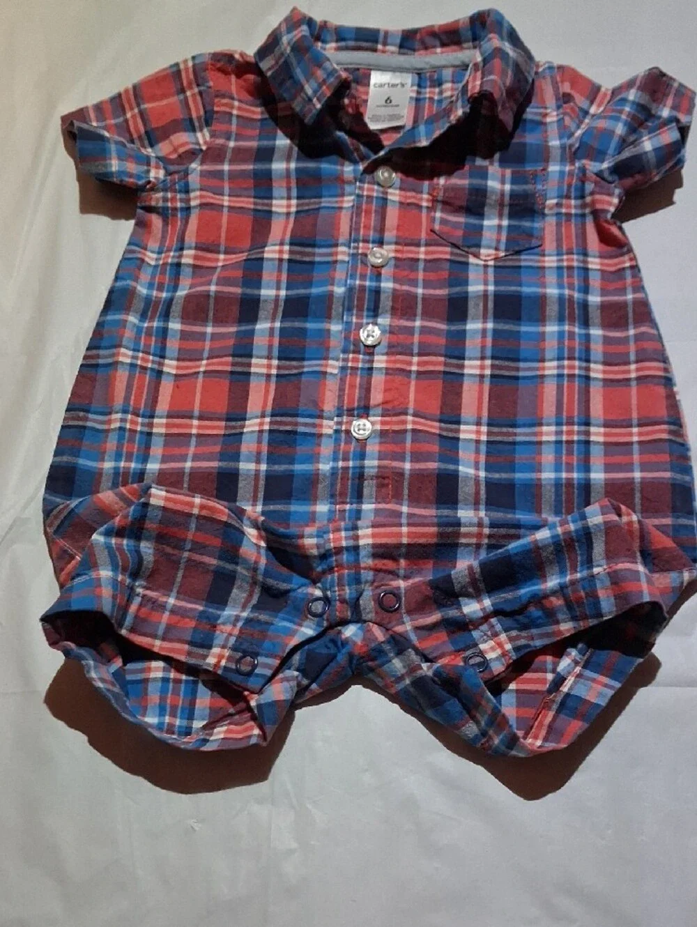 ✨Carter's Baby Boy Plaid Romper 6M Red Blue Short Sleeve Button-Front One-Piece✨